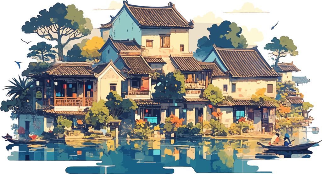 Illustrated Hoi An riverside street with lanterns and old wooden houses