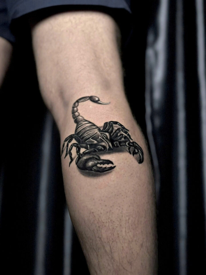 Solid black scorpion tattoo on a calf