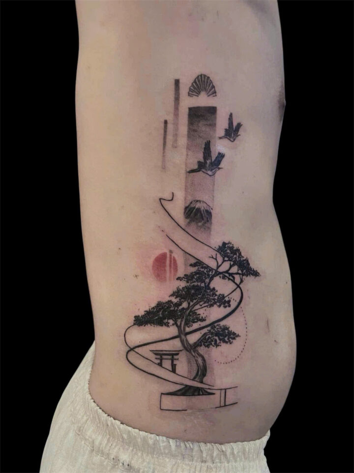 Sketch style pine tree and architecture tattooed across the ribs