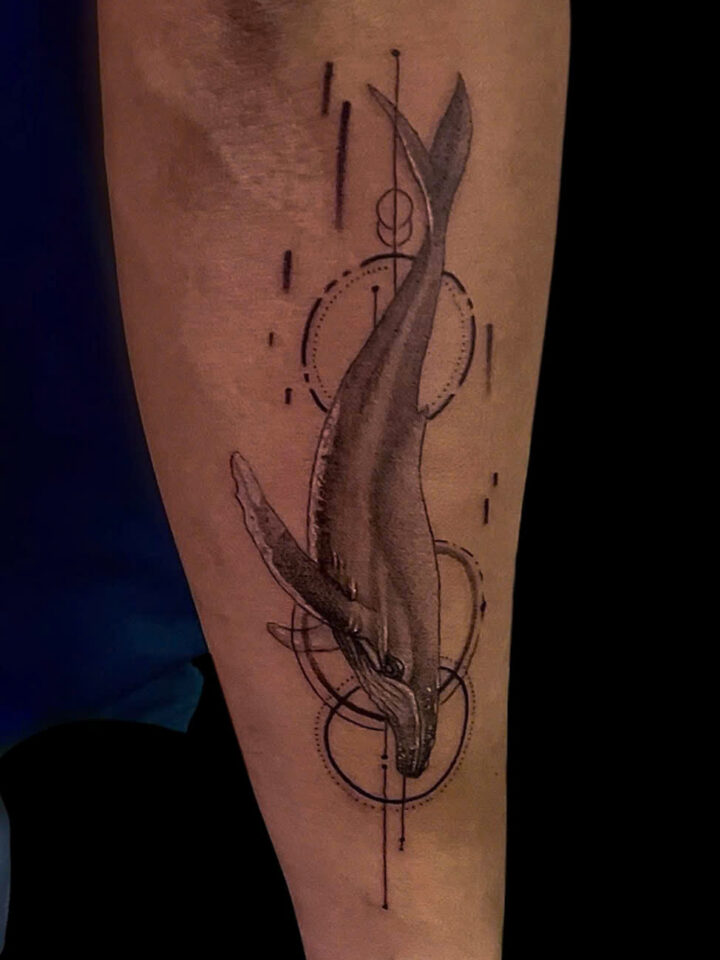 Sketch style whale tattoo with geometric circles and dashes on a forearm