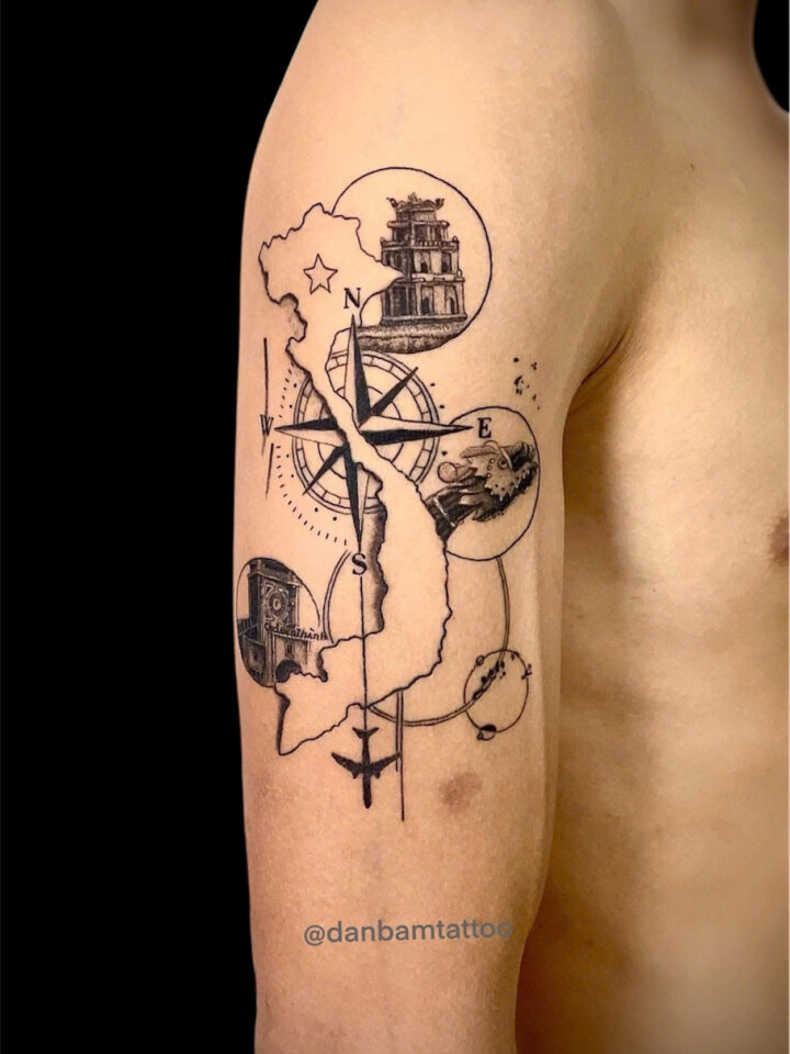 Sketch style map of Vietnam with a pagoda and the Hoi An bridge on an upper arm