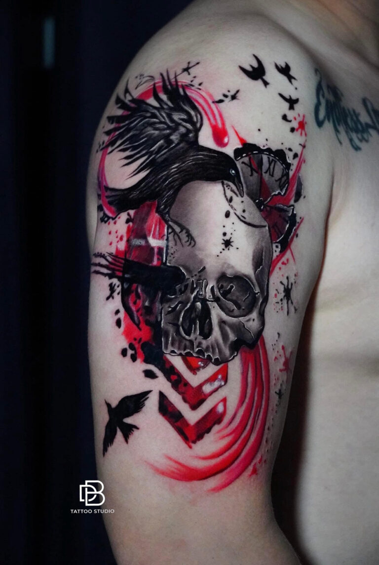 Ultimate Trash Polka skull and raven tattoo custom designed at DanBam Tattoo Hoi An.