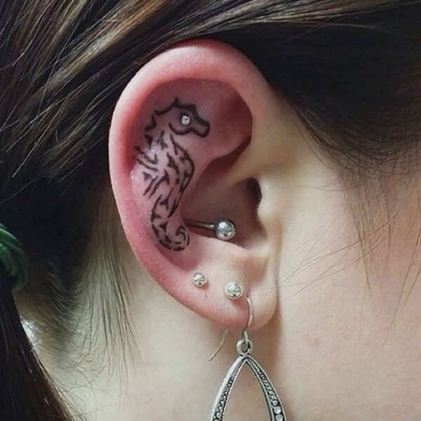 Seahorse tattoo inside an ear alongside helix and lobe piercings