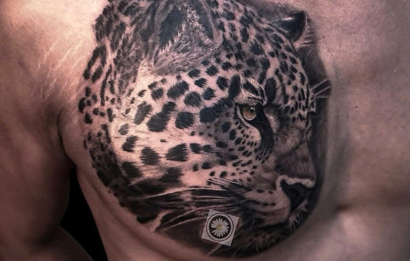 Black and grey realism leopard portrait tattooed across a chest