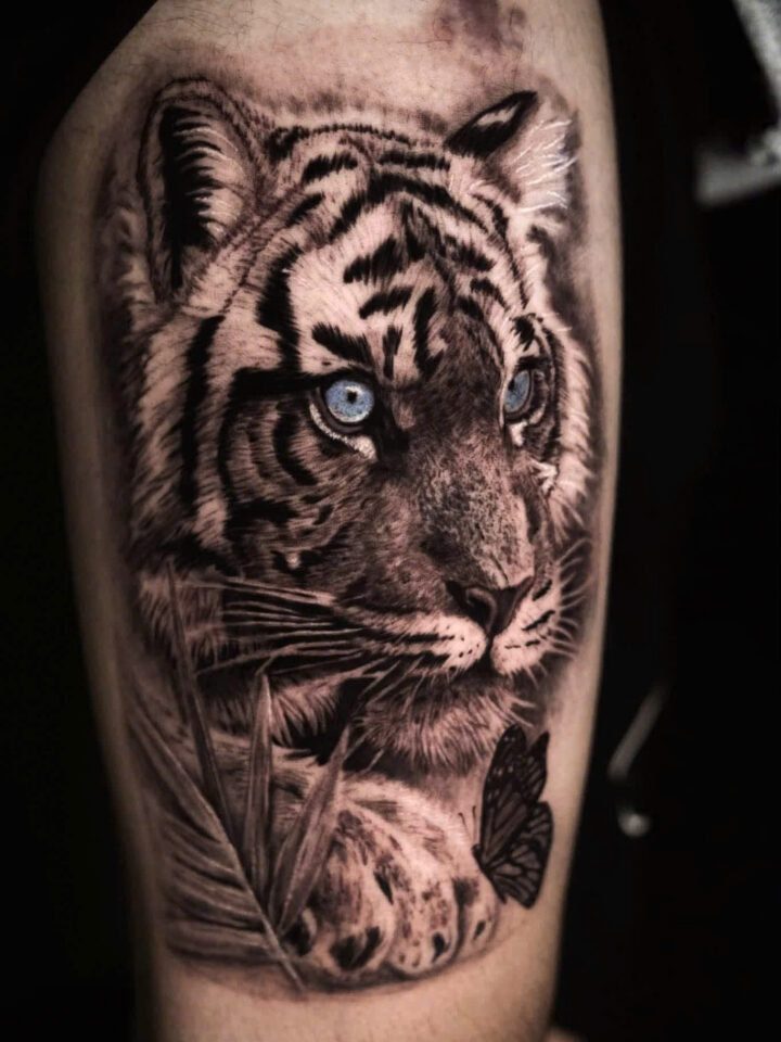 Realism white tiger cub with blue eyes tattooed on an upper arm
