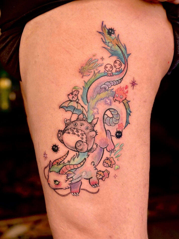 Colour tattoo of a Vietnamese phoenix in pastel watercolour ink on a thigh