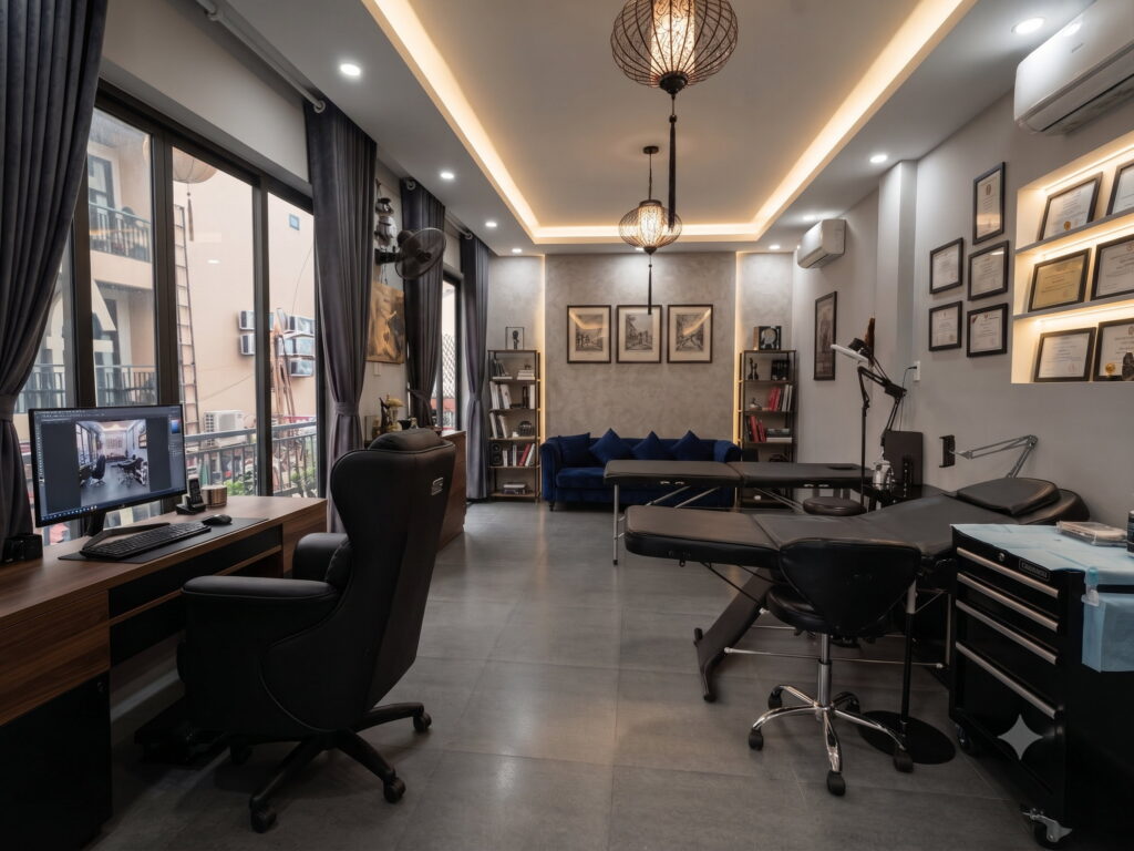 The studio floor at DanBam, lit by the lantern over the walkway