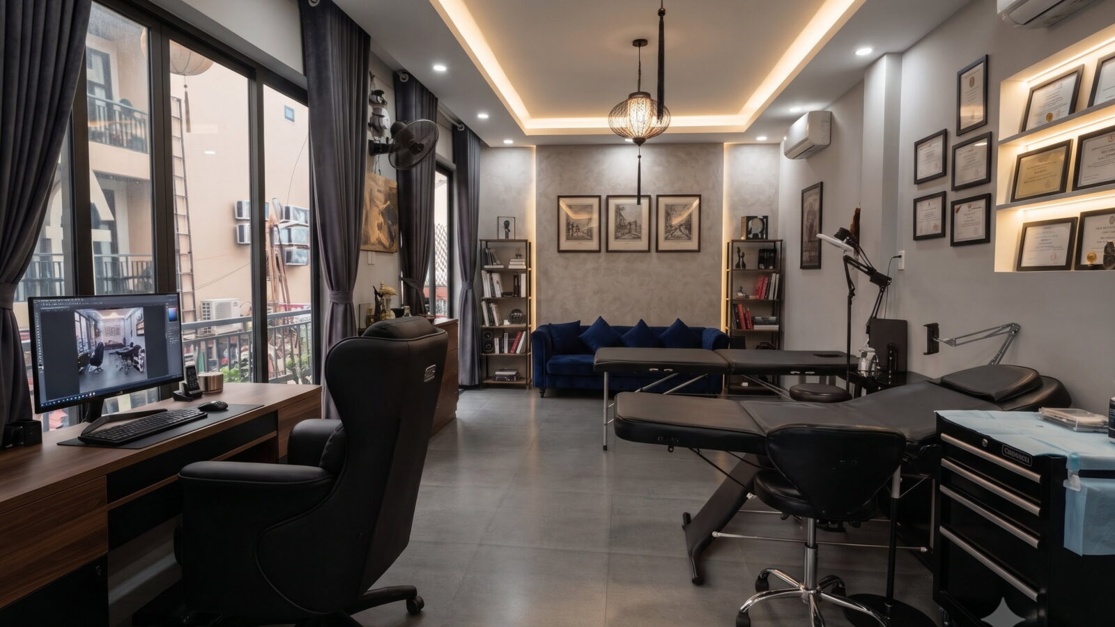 The lounge and the balcony over the river, from the studio door